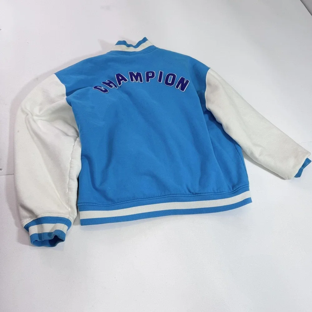 Champion Jacket Mens 3XL Blue White Varsity Letterman Snap Quilted Lined Fleece